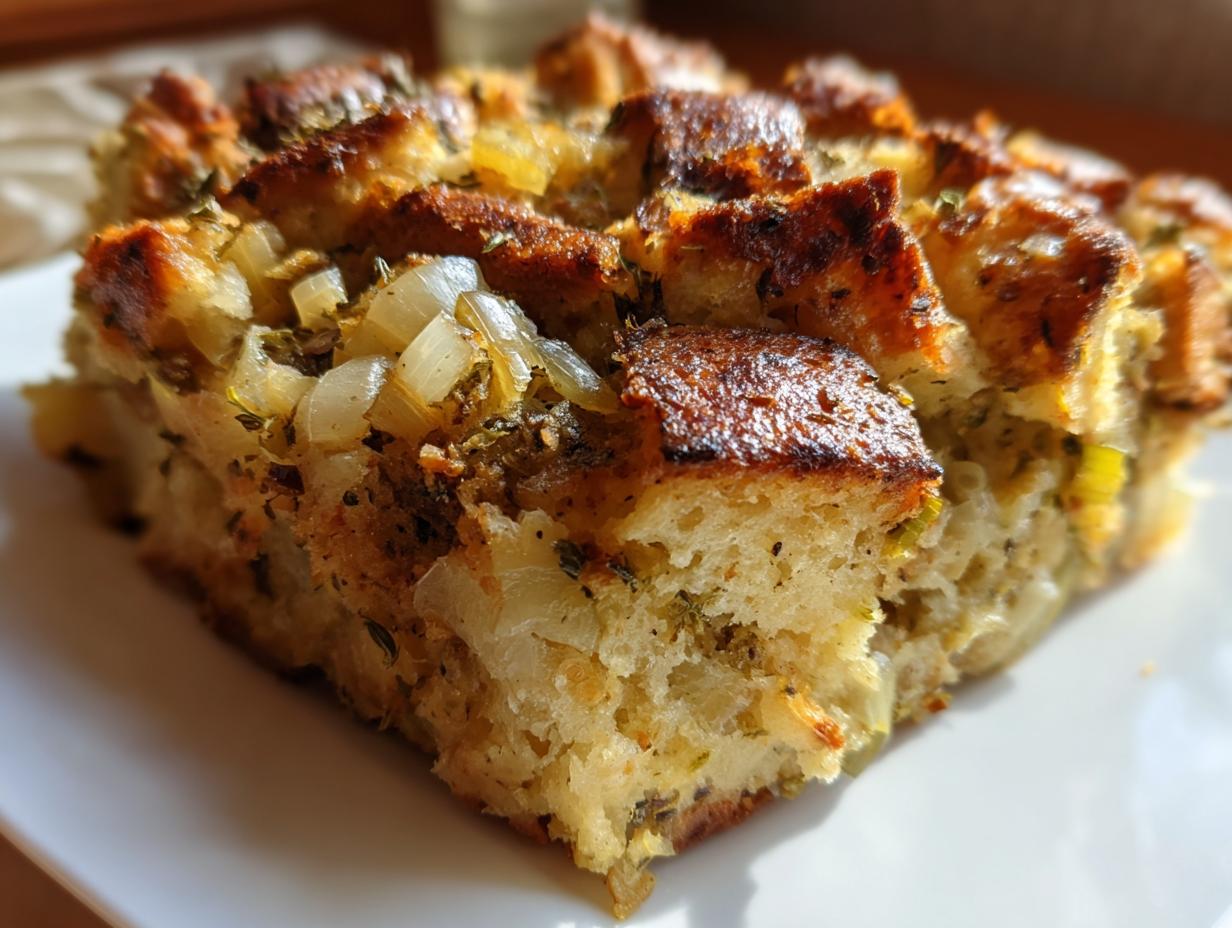 Close-up of a square slice of savory stuffing, featuring browned bread cubes, visible herbs, and sautéed onions.