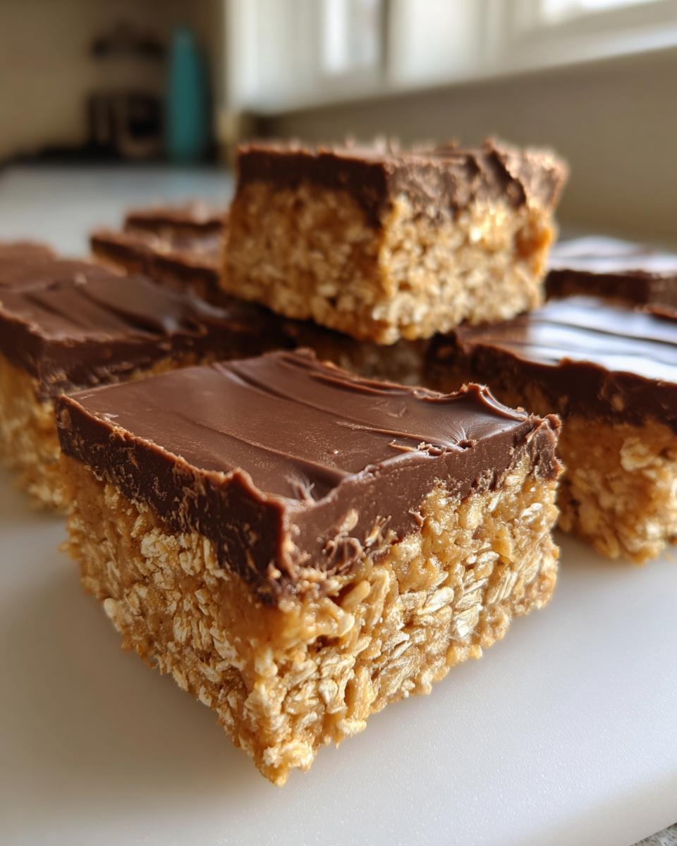 Close-up of several squares of lunch lady peanut butter bars with a thick chocolate topping.