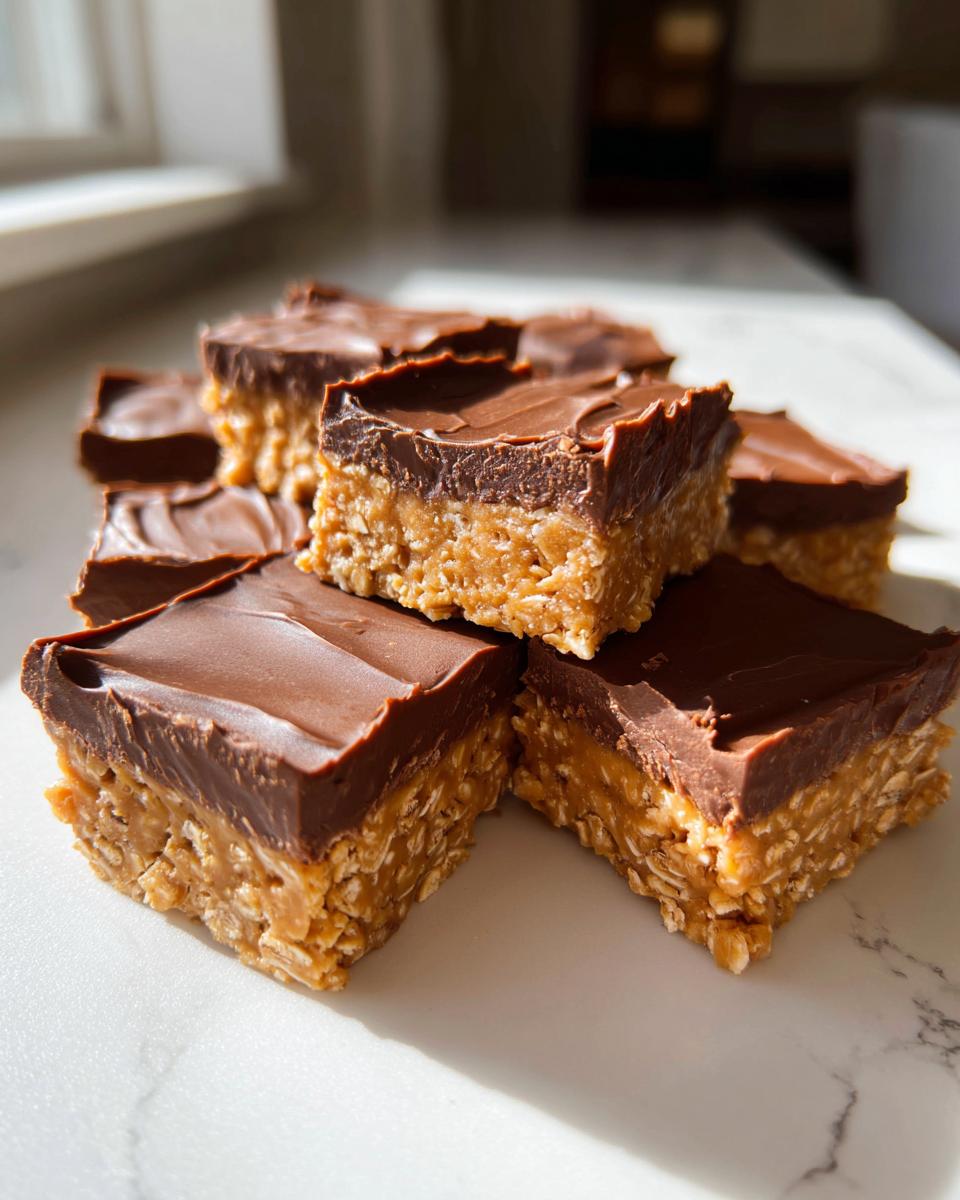 A stack of square lunch lady peanut butter bars featuring a thick oat base and a smooth chocolate topping, resting on a white marble surface.