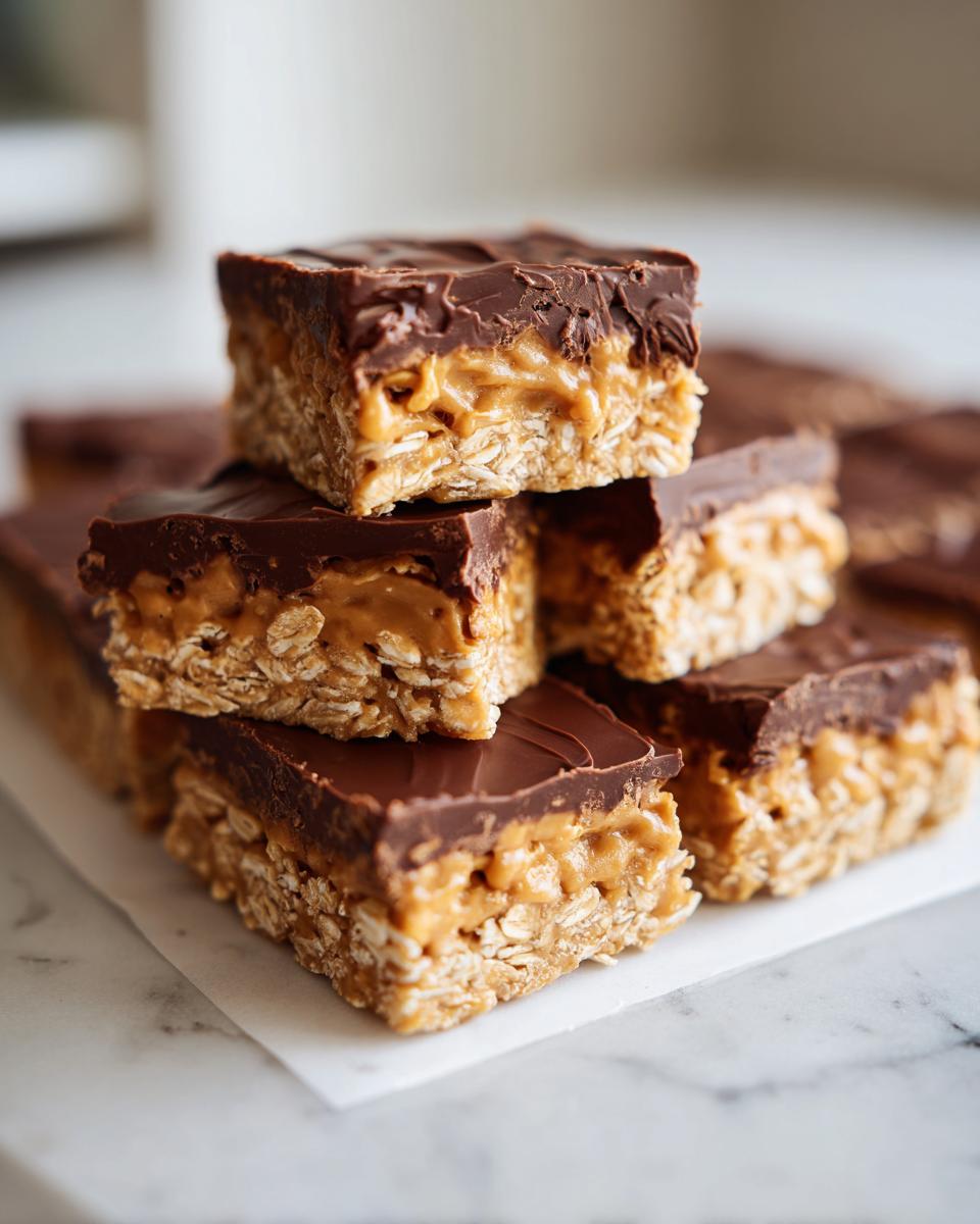 A stack of rich lunch lady peanut butter bars featuring an oat base, creamy peanut butter layer, and chocolate topping.