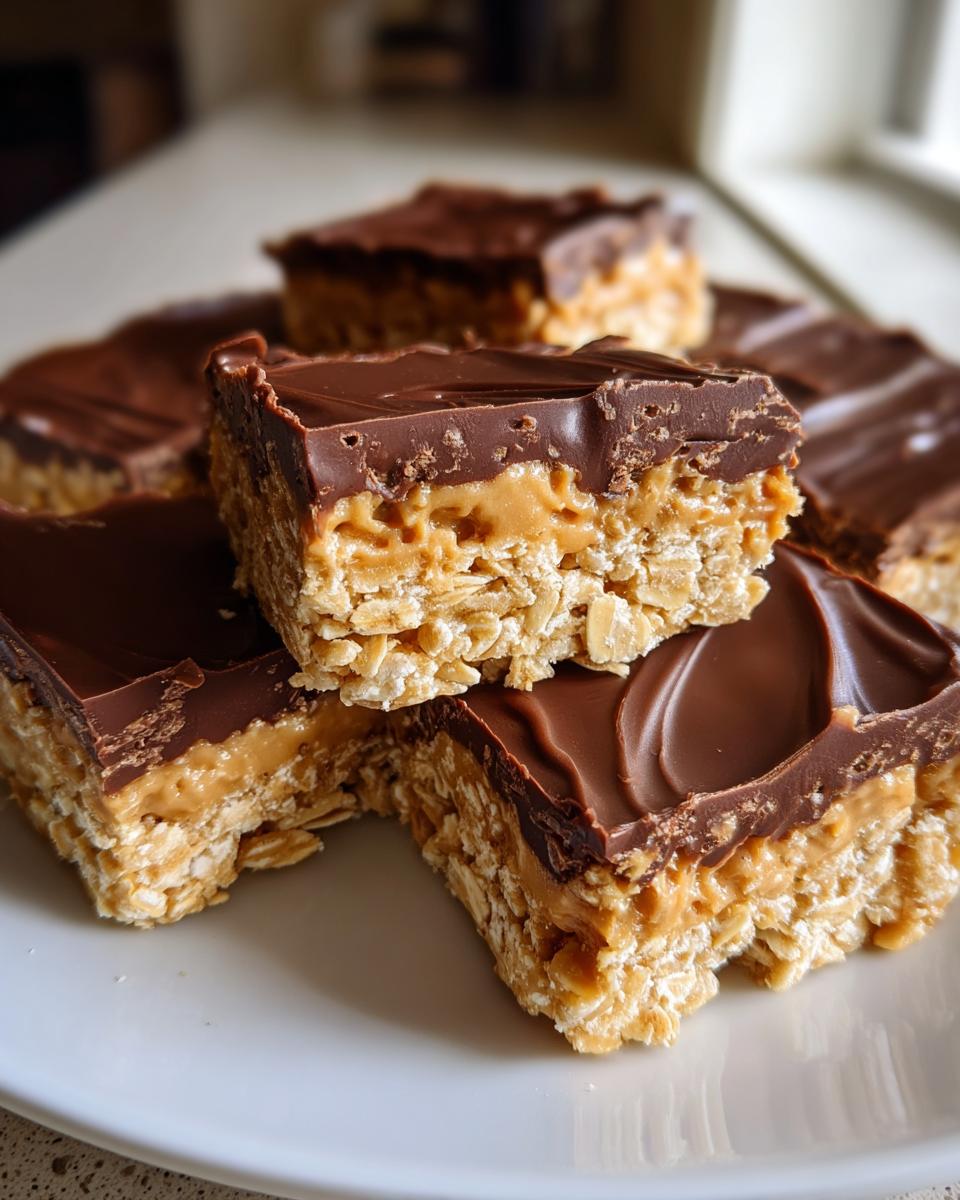 A stack of delicious lunch lady peanut butter bars showing the oat base, peanut butter layer, and chocolate topping.