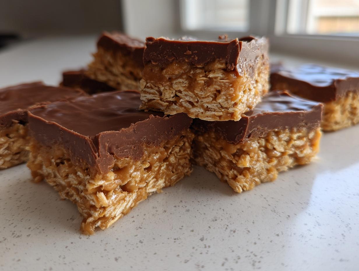 A stack of rich lunch lady peanut butter bars featuring a thick oat base and a smooth chocolate topping.