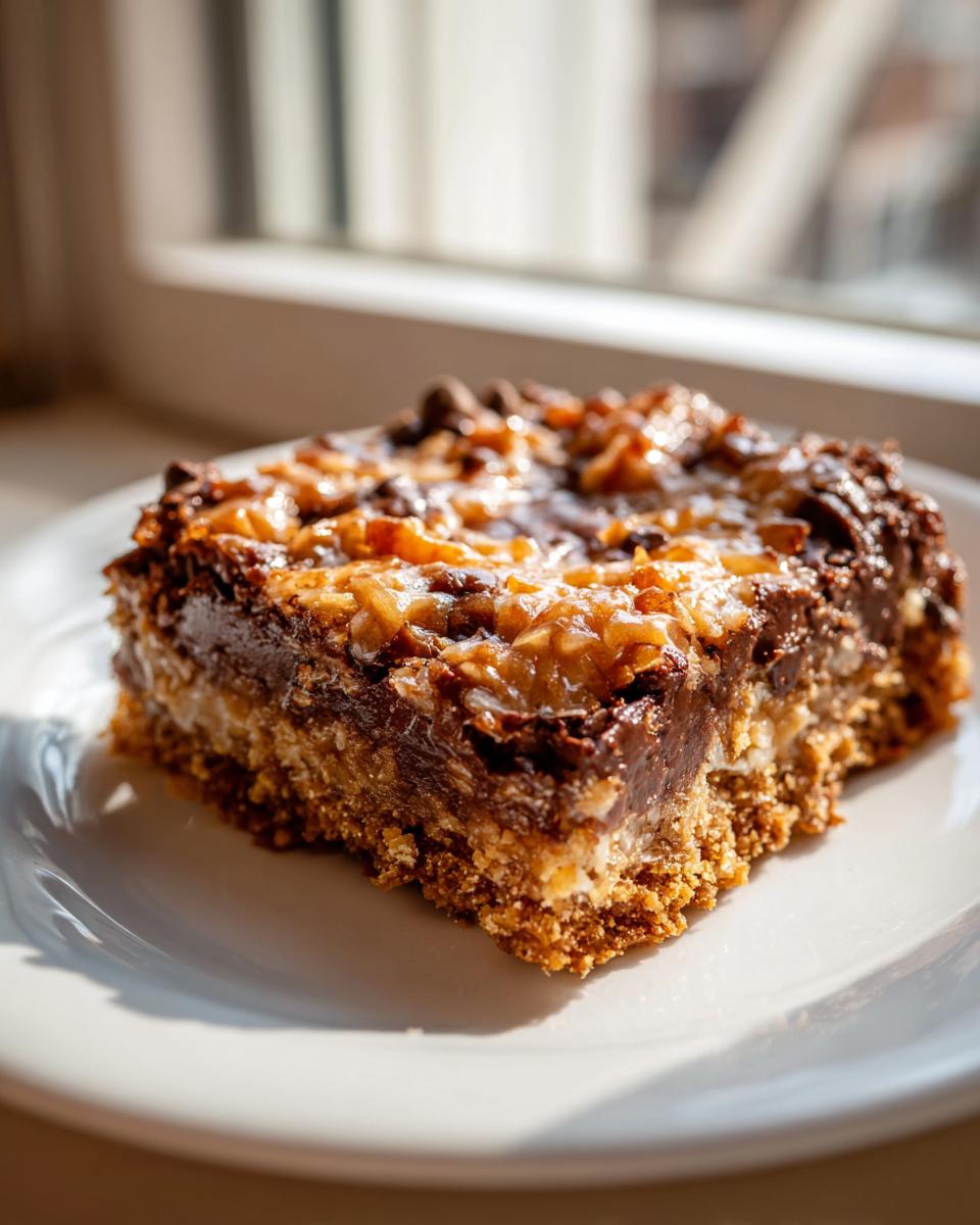 A close-up of a thick slice of magic cookie bars showing the graham cracker crust and gooey chocolate coconut topping.
