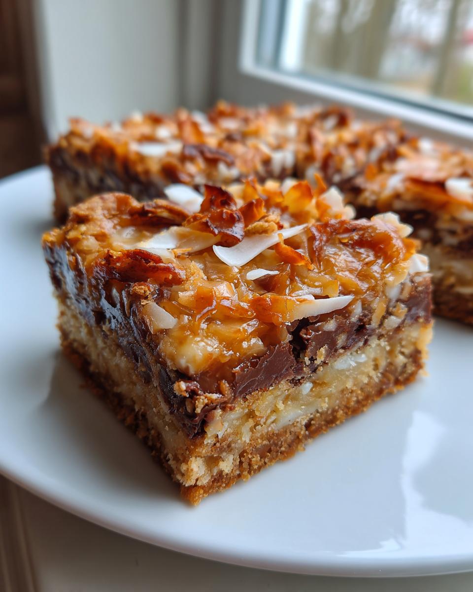 A close-up view of a thick, layered magic cookie bars square on a white plate, showing the crust, chocolate, and toasted coconut topping.