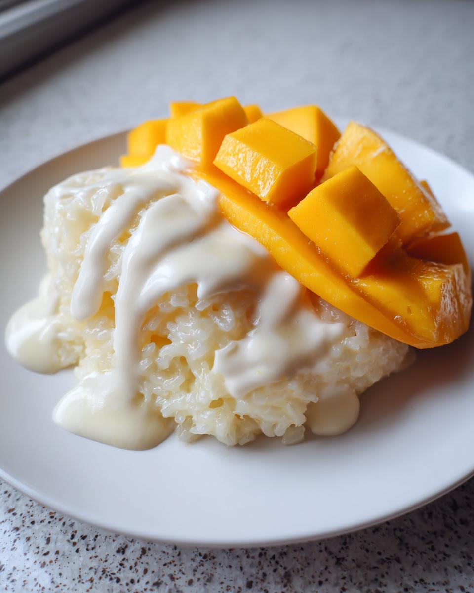 A serving of mango sticky rice topped with fresh mango chunks and rich coconut cream sauce.
