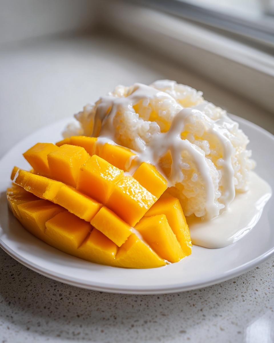 A serving of vibrant mango sticky rice topped with sweet coconut cream sauce on a white plate.