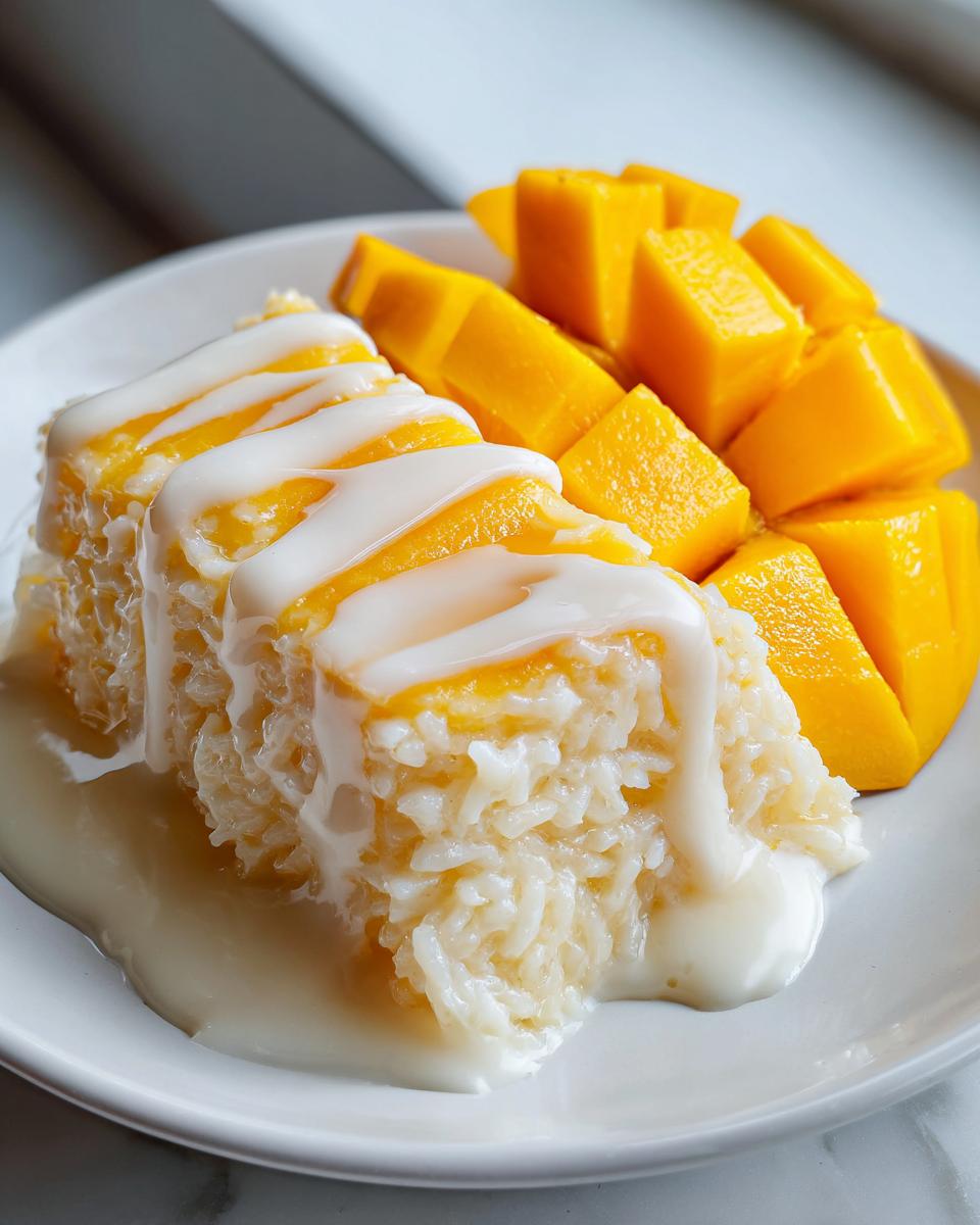 Close-up of perfectly plated mango sticky rice topped with rich coconut cream sauce.