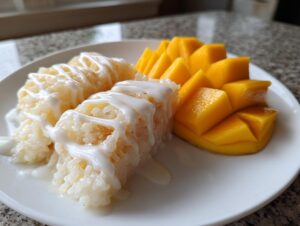 Close-up of perfectly prepared mango sticky rice served with sliced fresh mango and coconut cream.