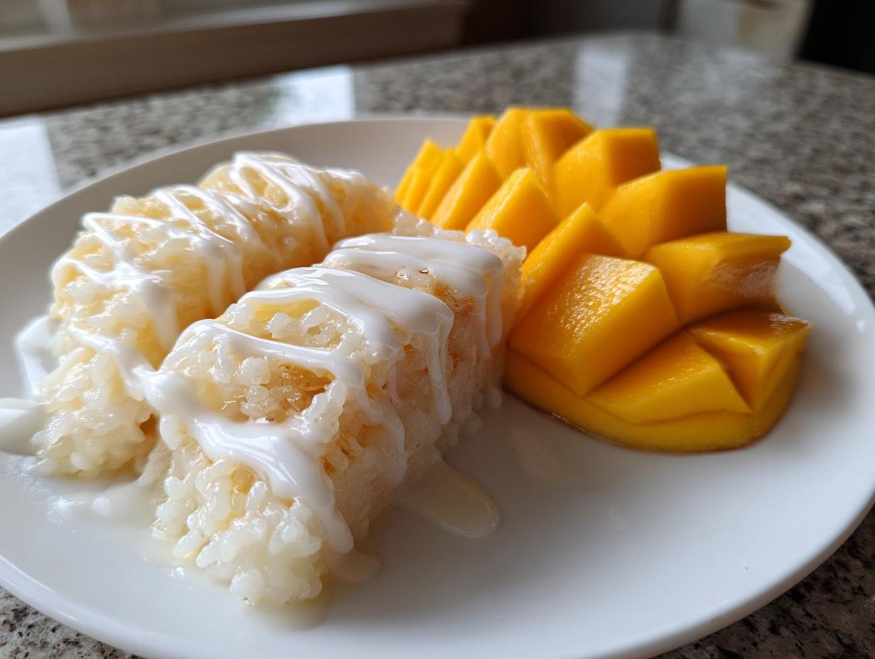 Close-up of perfectly prepared mango sticky rice served with sliced fresh mango and coconut cream.