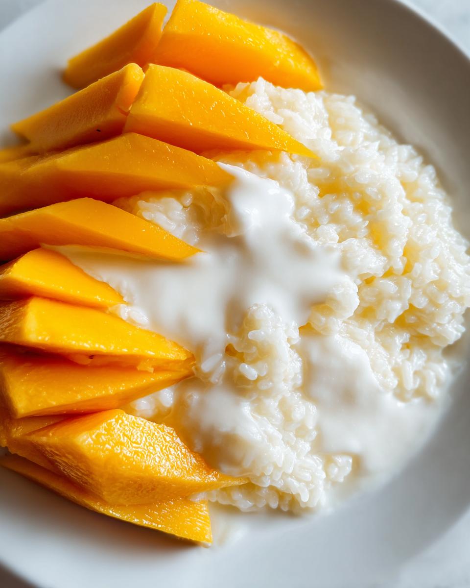 Close-up of vibrant mango sticky rice featuring bright yellow mango slices next to sweet white rice and coconut cream.