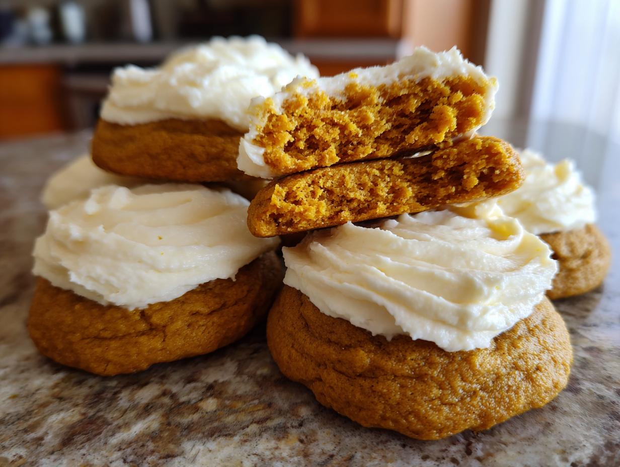 Close-up of soft pumpkin cookie halves showing the moist interior, topped with thick cream cheese frosting.