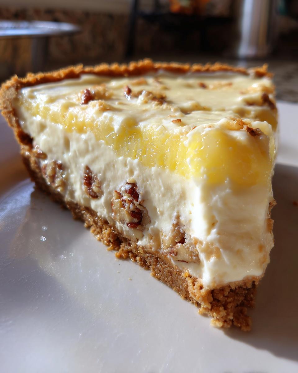 Close-up of a slice of millionaire pie showing a graham cracker crust, creamy filling with pecans, and a yellow topping.