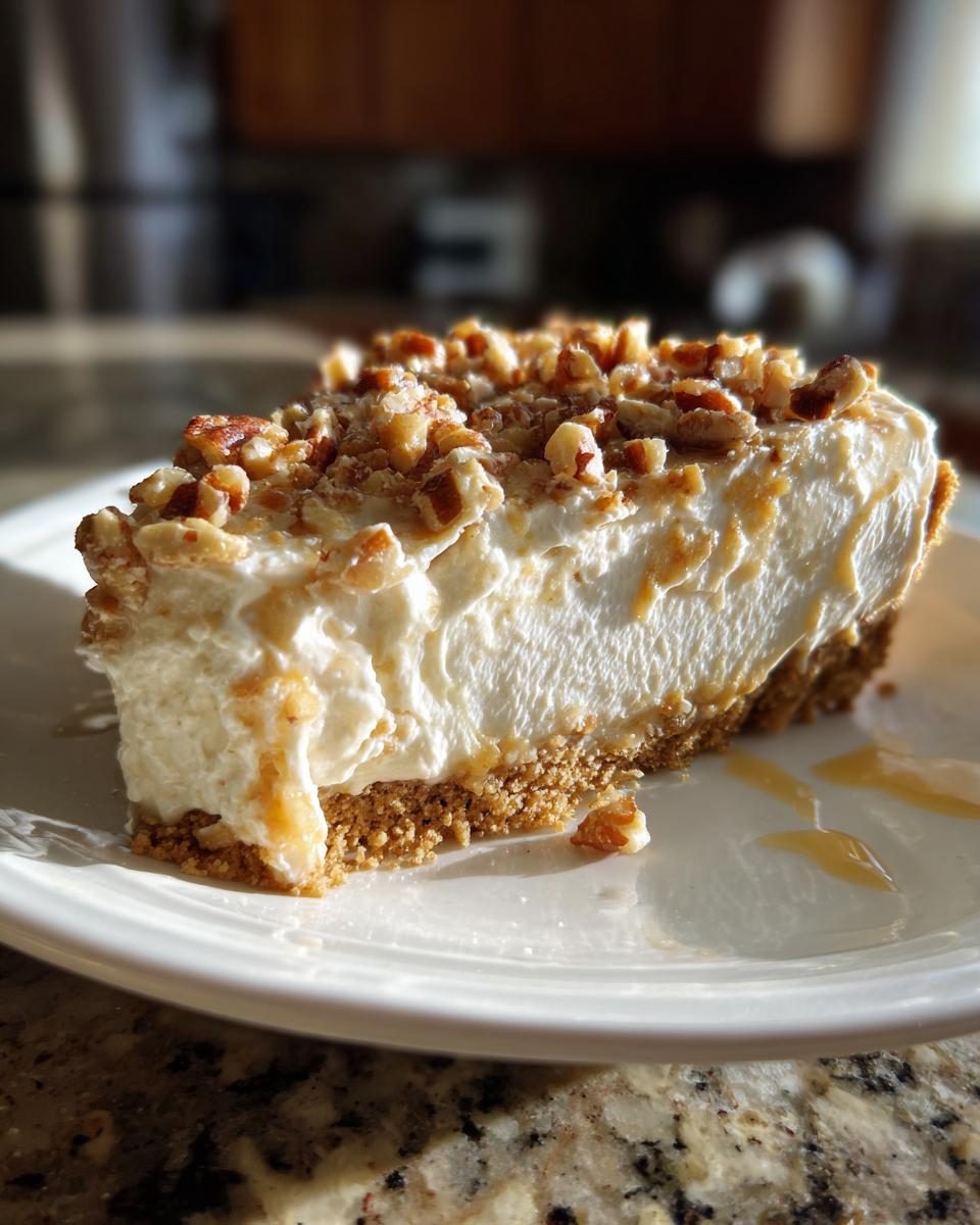 A close-up slice of creamy millionaire pie with a graham cracker crust and chopped pecans on top.