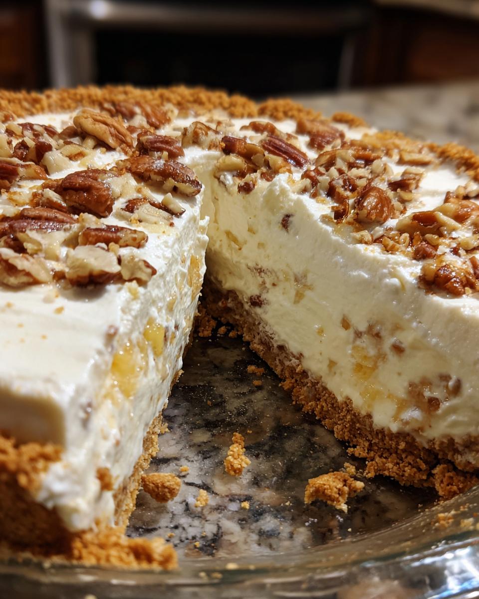 Close-up of a slice removed from a creamy millionaire pie topped with chopped pecans.