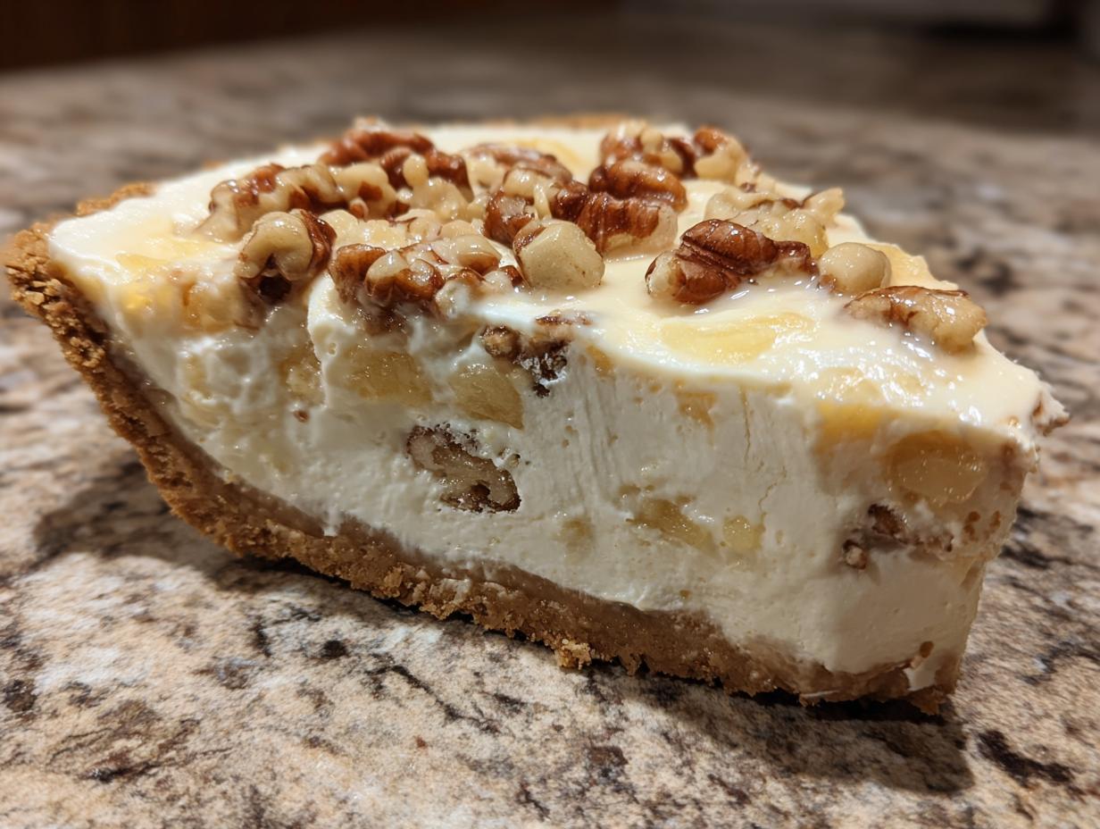 Close-up of a thick slice of millionaire pie showing the creamy filling, graham cracker crust, and walnut topping.