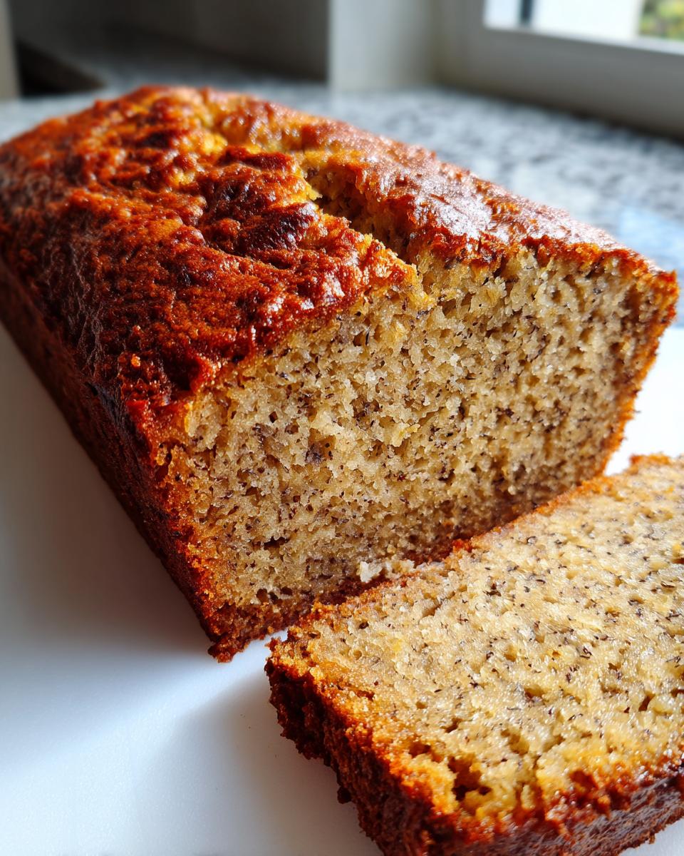 Close-up of a freshly baked, moist banana bread recipe loaf with a dark, caramelized crust and one slice cut.