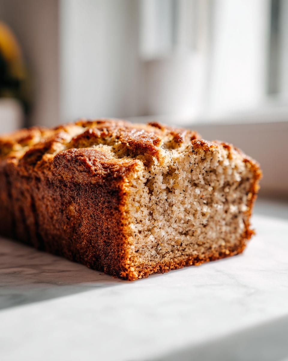 Close-up of a freshly baked, moist banana bread recipe loaf with a dark golden crust, showing the speckled interior texture.