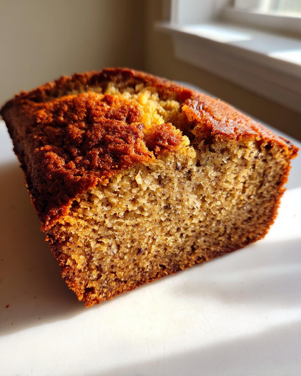 Close-up of a freshly baked, moist banana bread recipe loaf showing its golden-brown crust and textured interior.
