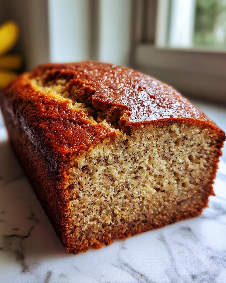 Close-up of a freshly baked, moist banana bread recipe loaf showing a dark golden crust and speckled interior.