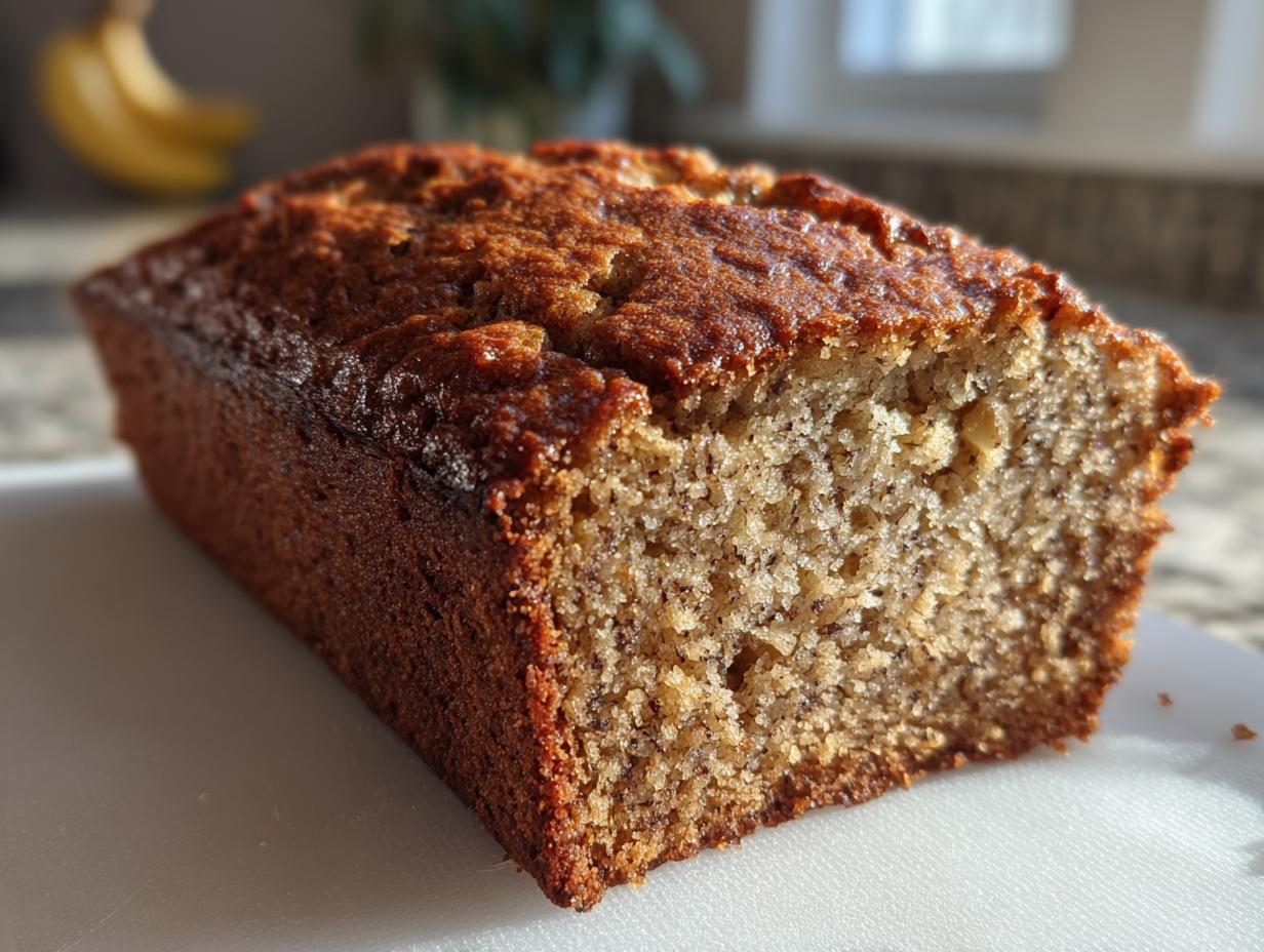 Close-up of a freshly baked, moist banana bread recipe loaf showing its dark crust and crumb texture.
