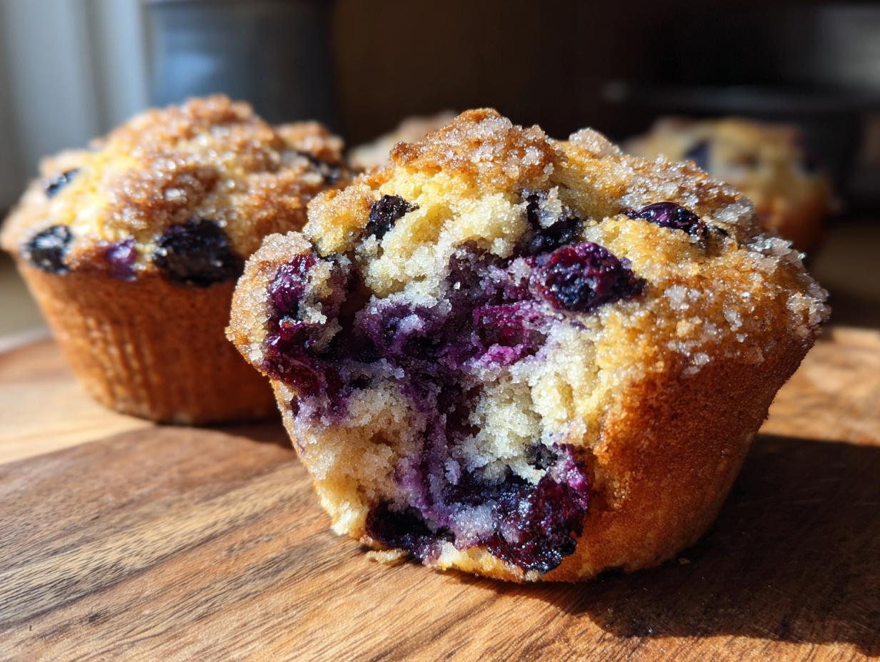 Close-up of a moist blueberry muffin, broken open to show juicy blueberries and a sparkling sugar topping.