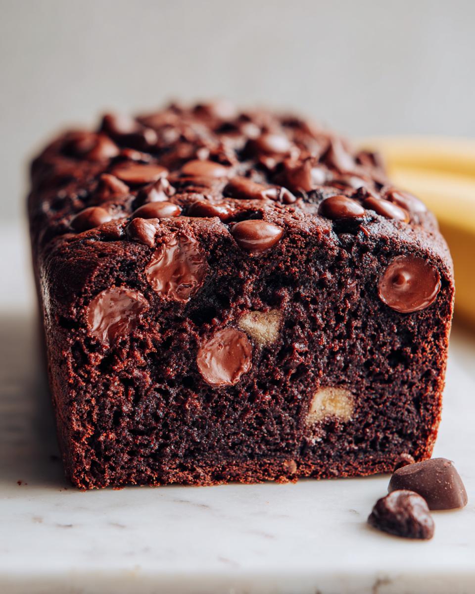 Close-up of a rich, dark chocolate banana bread loaf topped generously with melted chocolate chips.