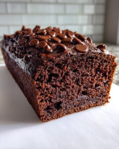 A close-up of a freshly baked, moist chocolate banana bread loaf topped with melted chocolate chips.