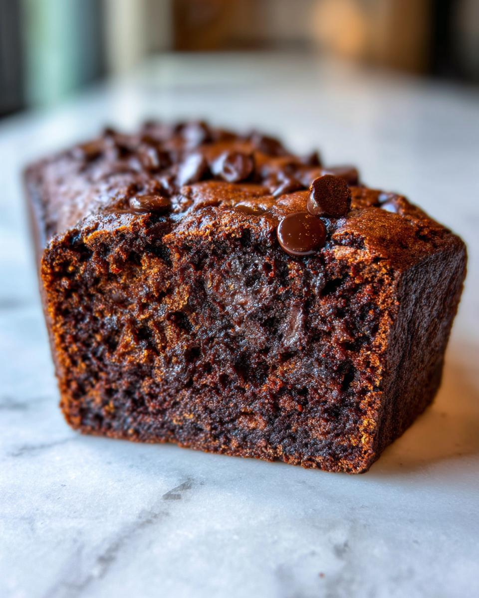 Close-up of a moist chocolate banana bread loaf, rich brown color, topped with melted chocolate chips.