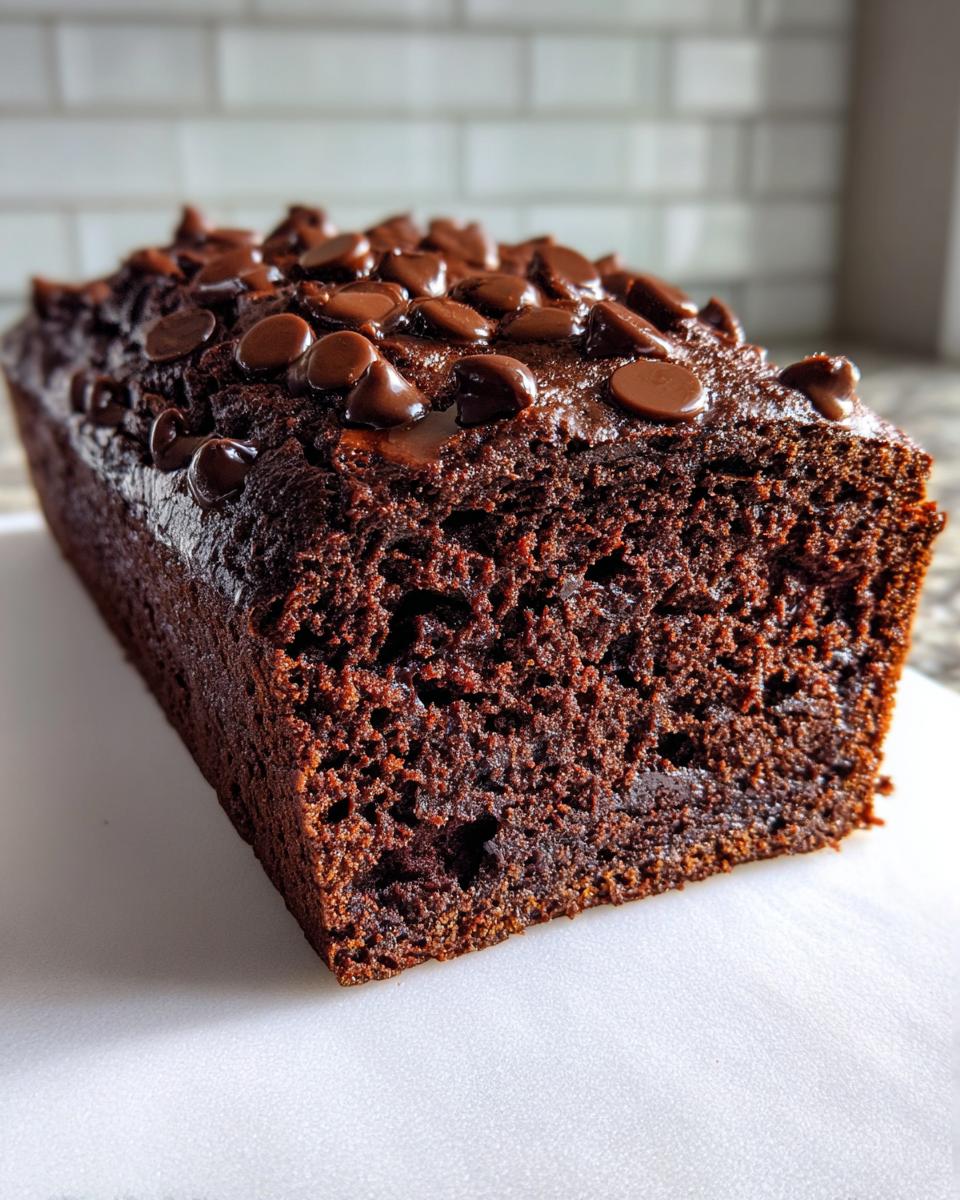 A close-up of a freshly baked, moist chocolate banana bread loaf topped with melted chocolate chips.