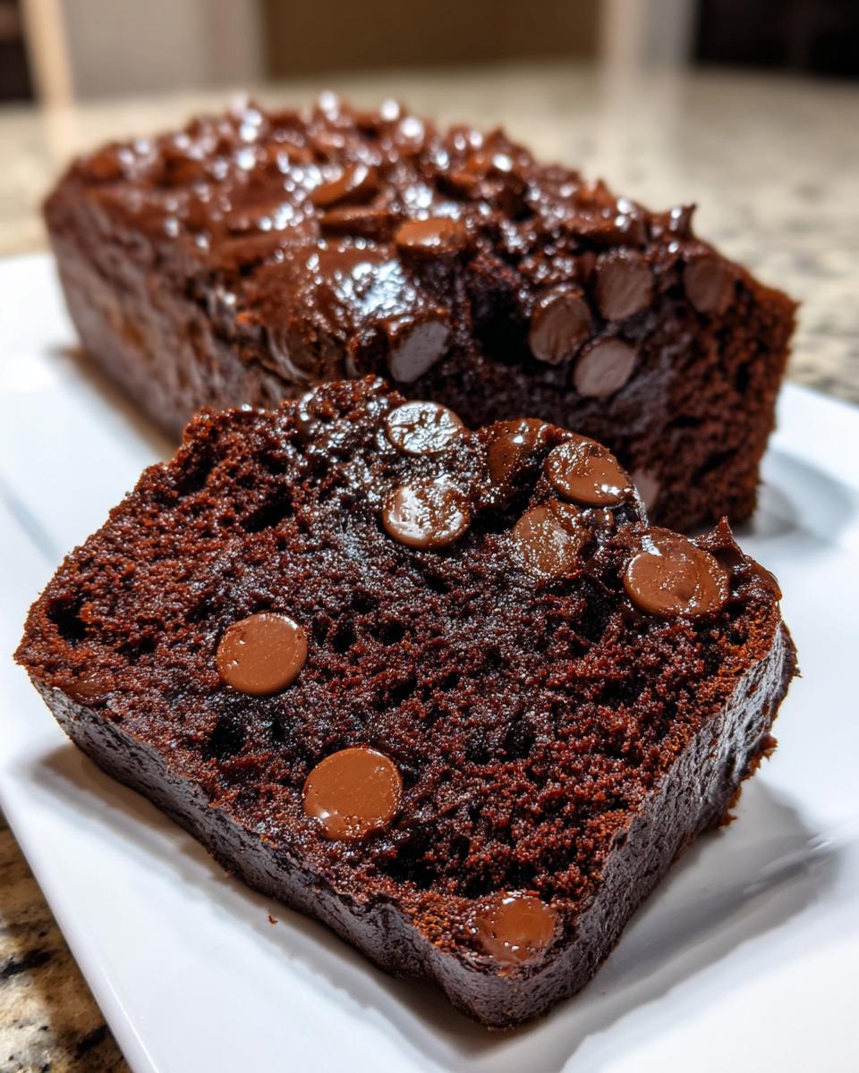 A close-up of a moist slice of rich chocolate banana bread topped with melted chocolate chips.