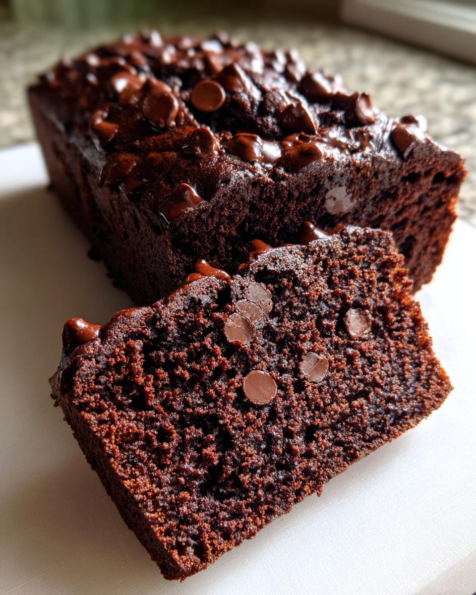 A close-up of a moist slice of dark chocolate banana bread topped with melted chocolate chips.
