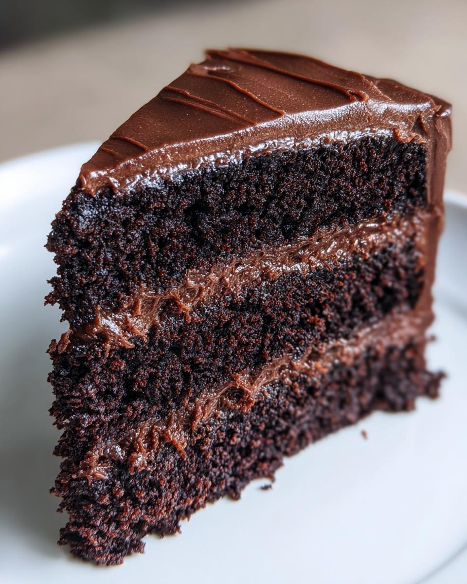 Close-up of a moist, dark slice of chocolate cake recipe layered with rich chocolate frosting.