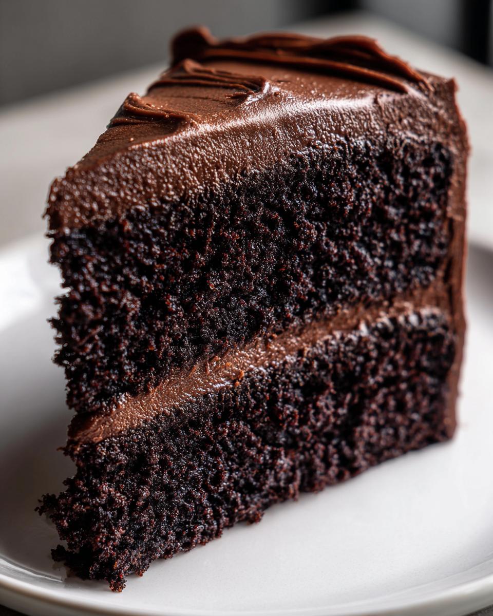 Close-up of a rich, moist slice of chocolate cake recipe with thick fudge frosting.