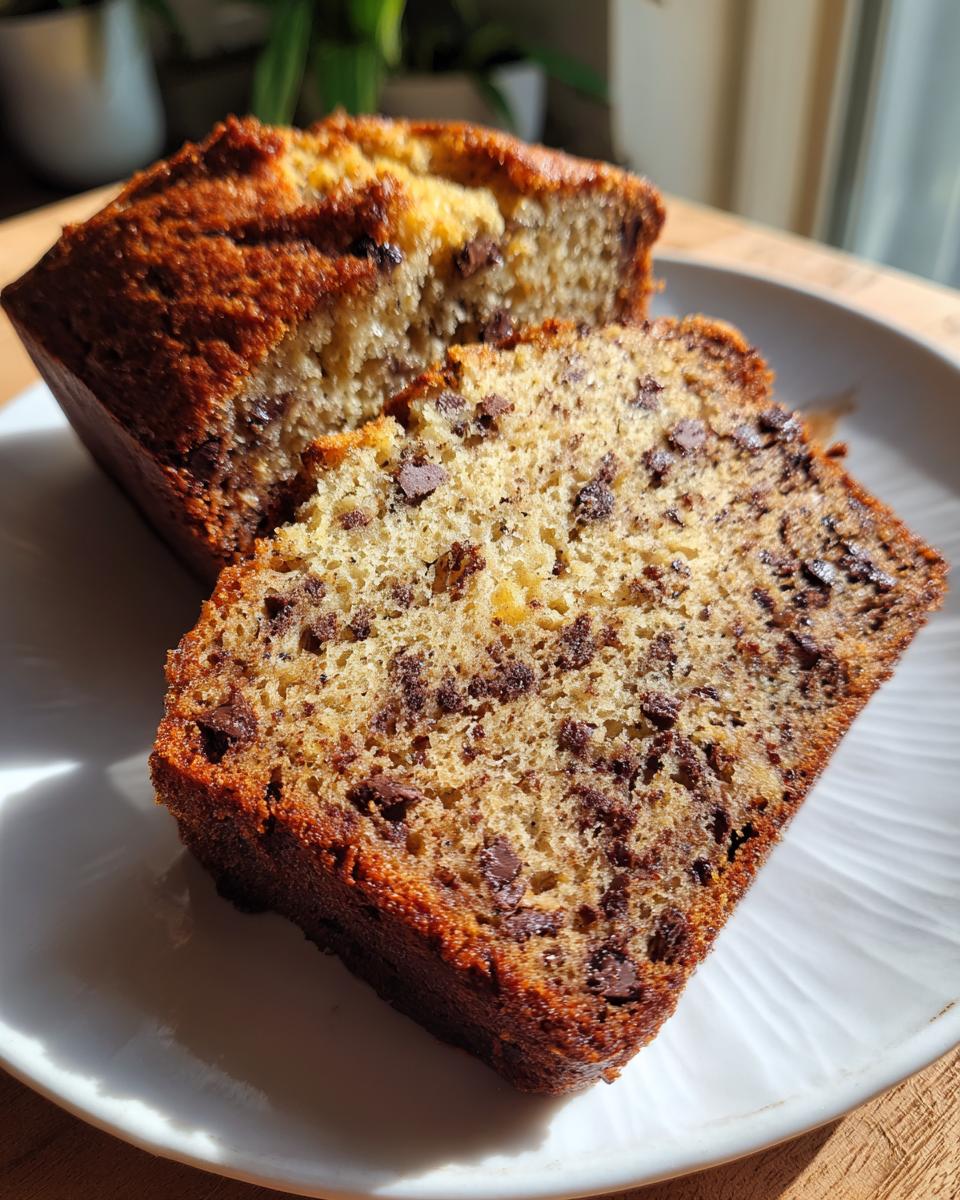 Close-up of two slices of moist greek yogurt banana bread studded with chocolate chips on a white plate.