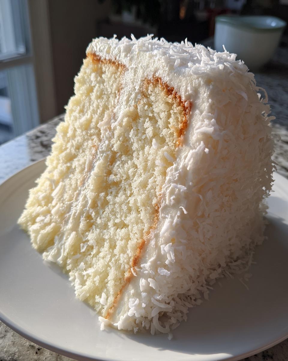 A fluffy slice of moist coconut cake covered in white frosting and shredded coconut.