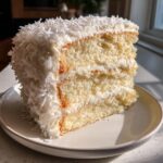 Close-up of a fluffy, two-layer slice of moist coconut cake covered in white frosting and shredded coconut.