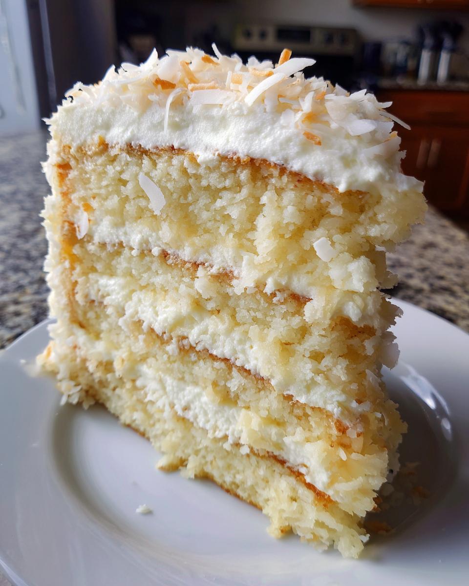 Close-up of a tall, moist slice of coconut cake layered with frosting and topped with toasted coconut flakes.