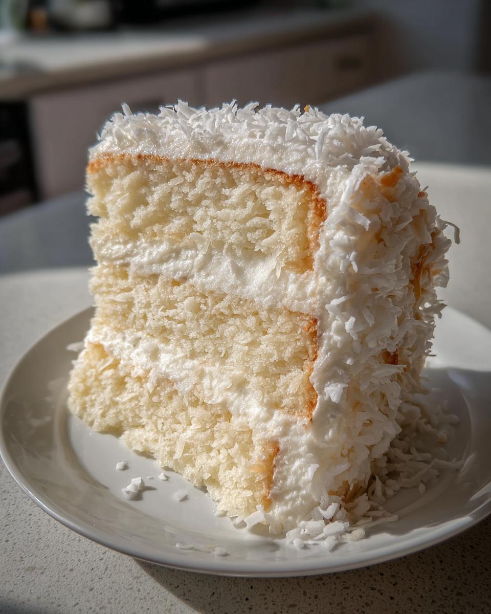 Close-up of a fluffy slice of moist coconut cake layered with white frosting and covered in shredded coconut.