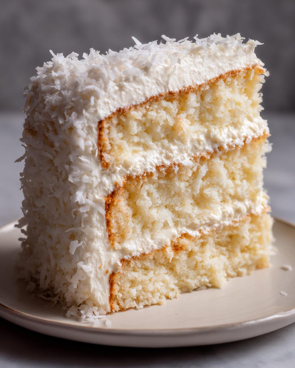 Close-up of a moist, three-layer coconut cake slice covered in white frosting and shredded coconut.