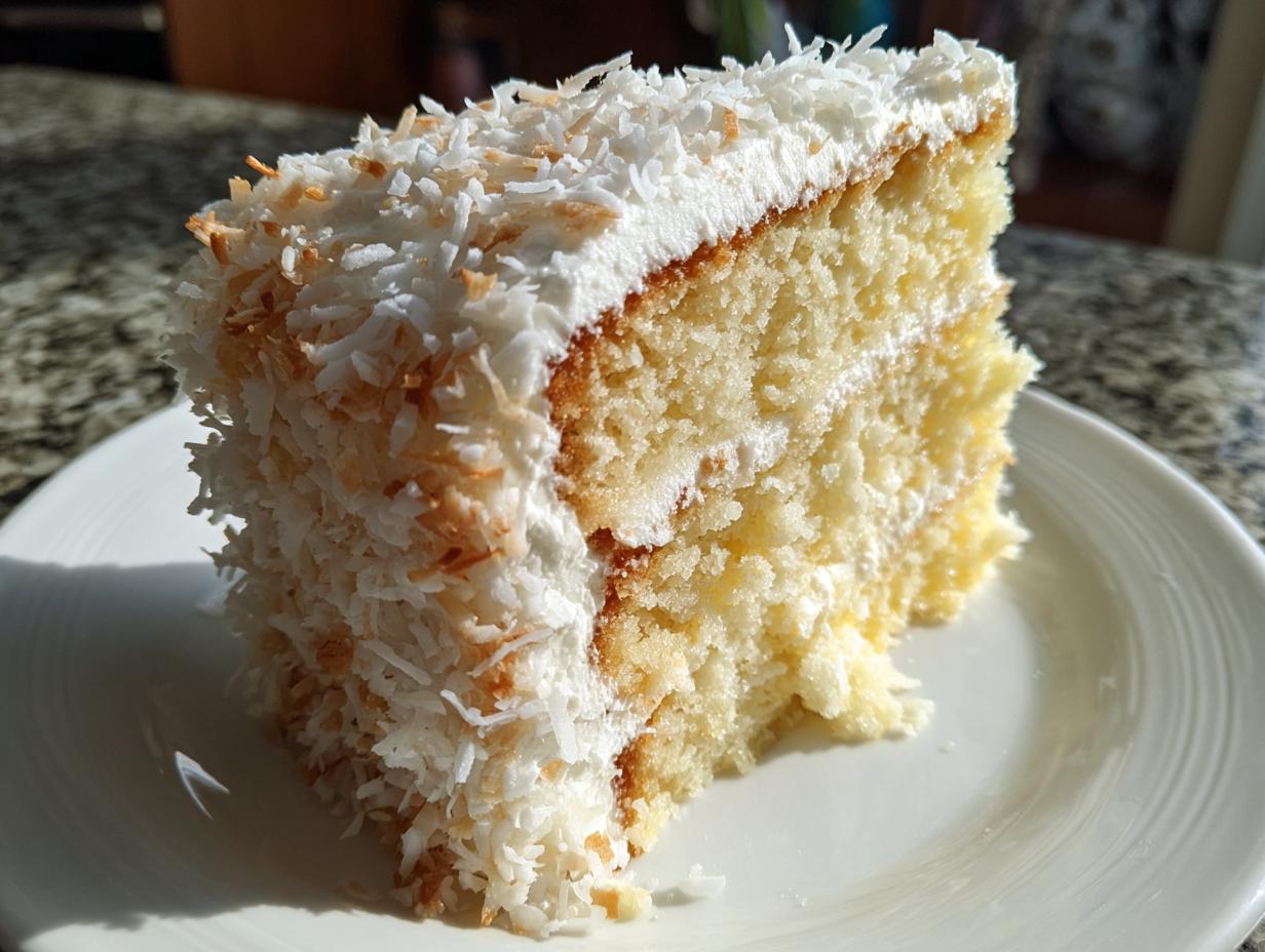 Close-up of a fluffy slice of coconut cake layered with white frosting and covered in shredded coconut.