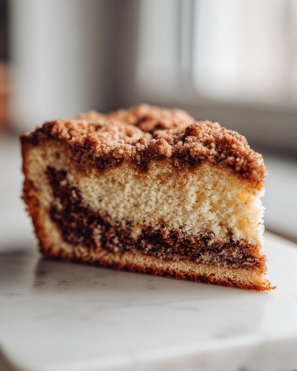 Close-up of a moist slice of coffee cake showing a light crumb and a dark cinnamon swirl layer, topped with streusel.