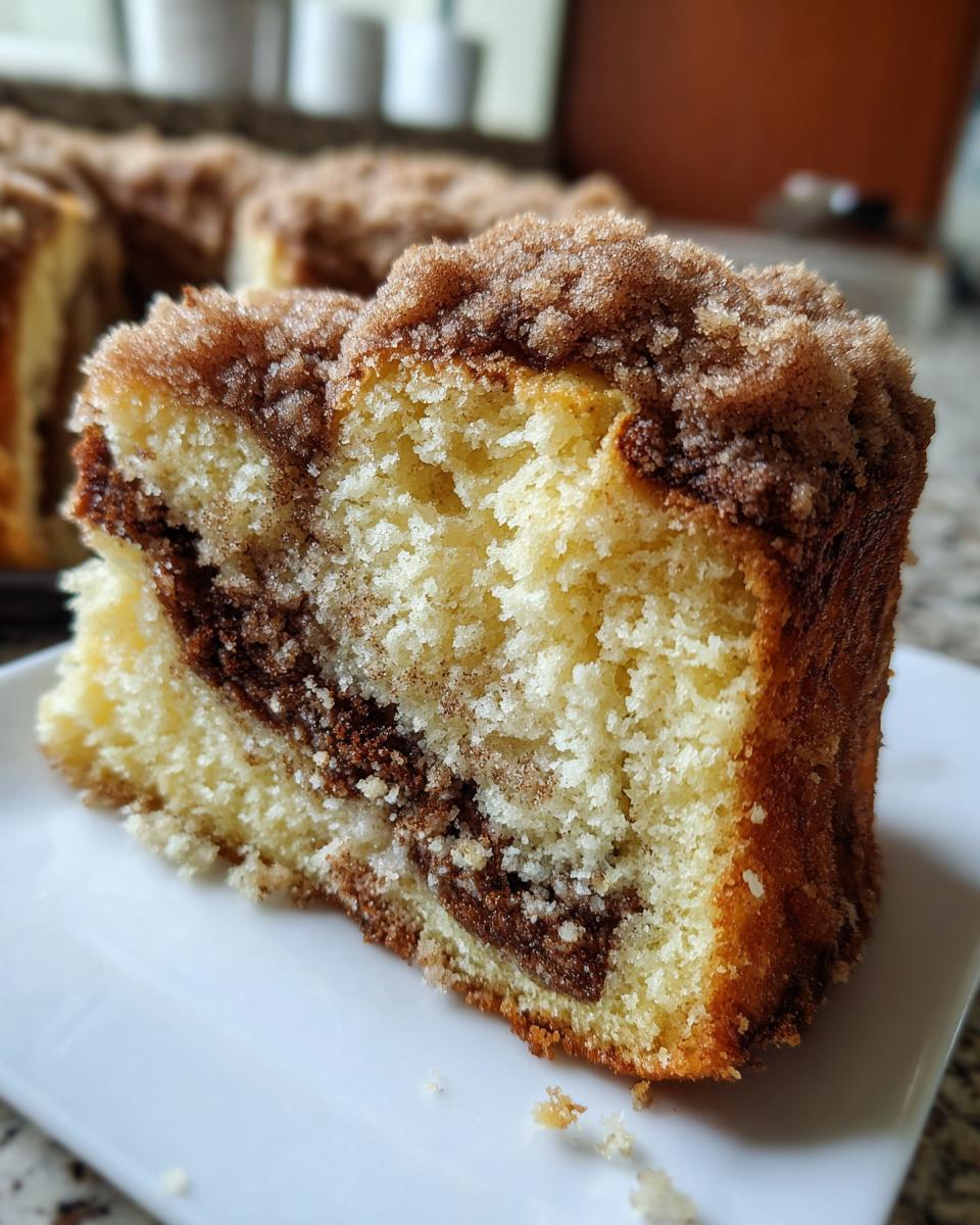 Close-up of a moist slice of coffee cake showing a rich cinnamon swirl and crumb topping.