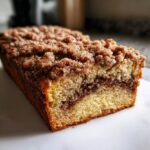 A cross-section of a moist coffee cake showing a thick cinnamon swirl and generous crumb topping.