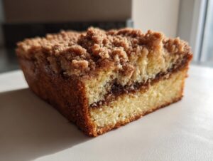 Close-up of a moist slice of coffee cake showing a thick cinnamon swirl and generous crumb topping.
