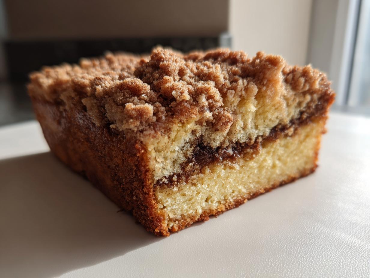 Close-up of a moist slice of coffee cake showing a thick cinnamon swirl and generous crumb topping.