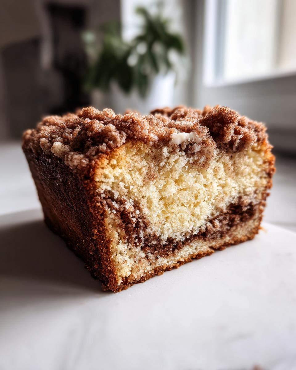 Close-up of a moist slice of marble coffee cake featuring a thick, crumbly cinnamon streusel topping.