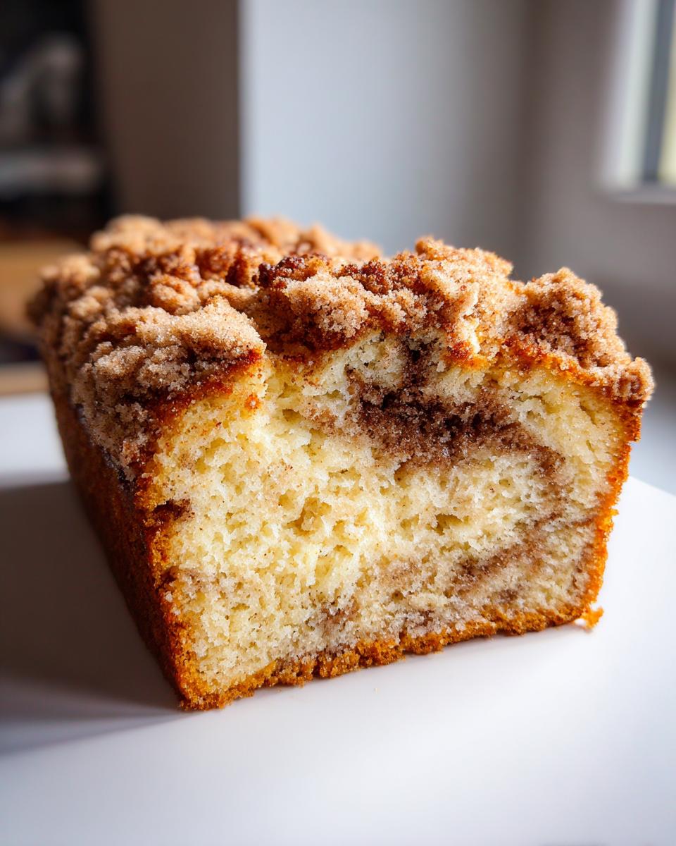 Close-up of a moist coffee cake slice showing a cinnamon swirl and thick crumbly streusel topping.