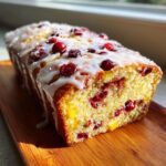 A close-up of moist cranberry orange bread, topped with a thick white glaze and whole cranberries.