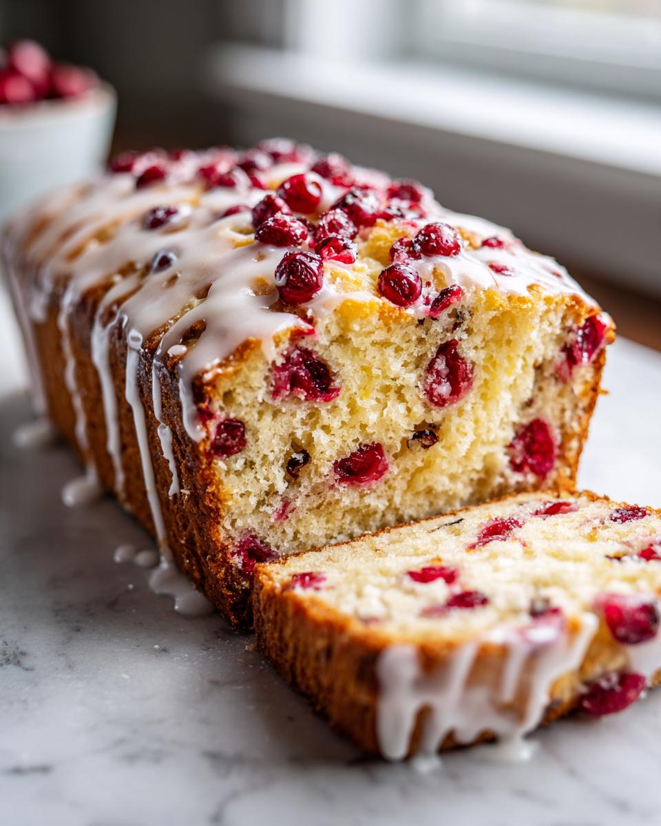 A loaf of moist cranberry orange bread, partially sliced, topped with a white glaze and fresh cranberries.