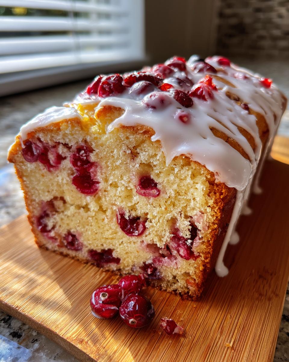A close-up of moist cranberry orange bread loaf topped with white glaze and fresh cranberries.